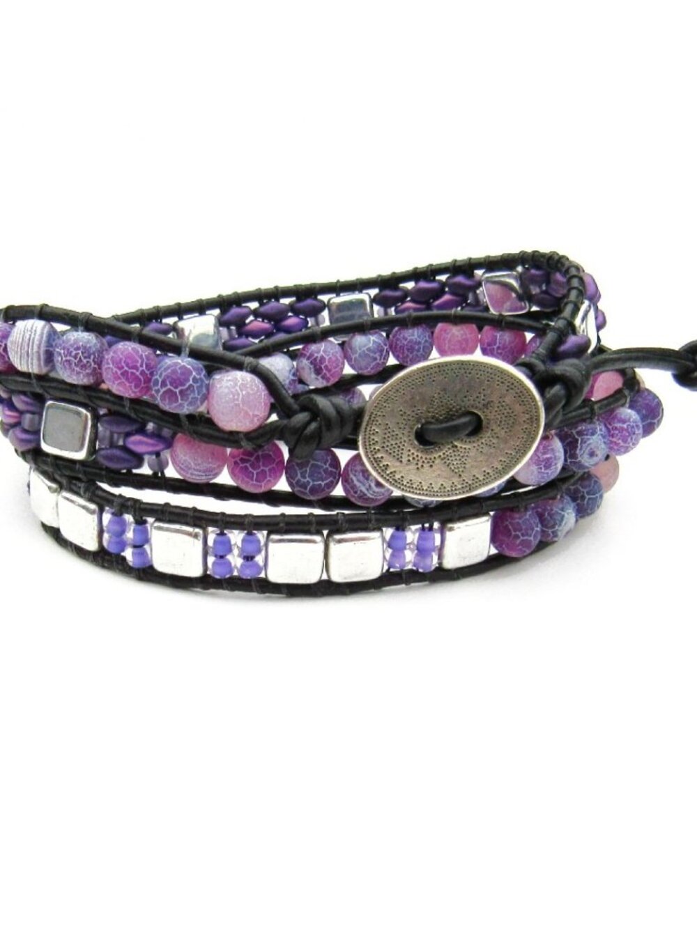 Purple Agate Triple Wrap Stone Bracelet, Leather Glass, Handmade Beaded, Western - Picture 3 of 6